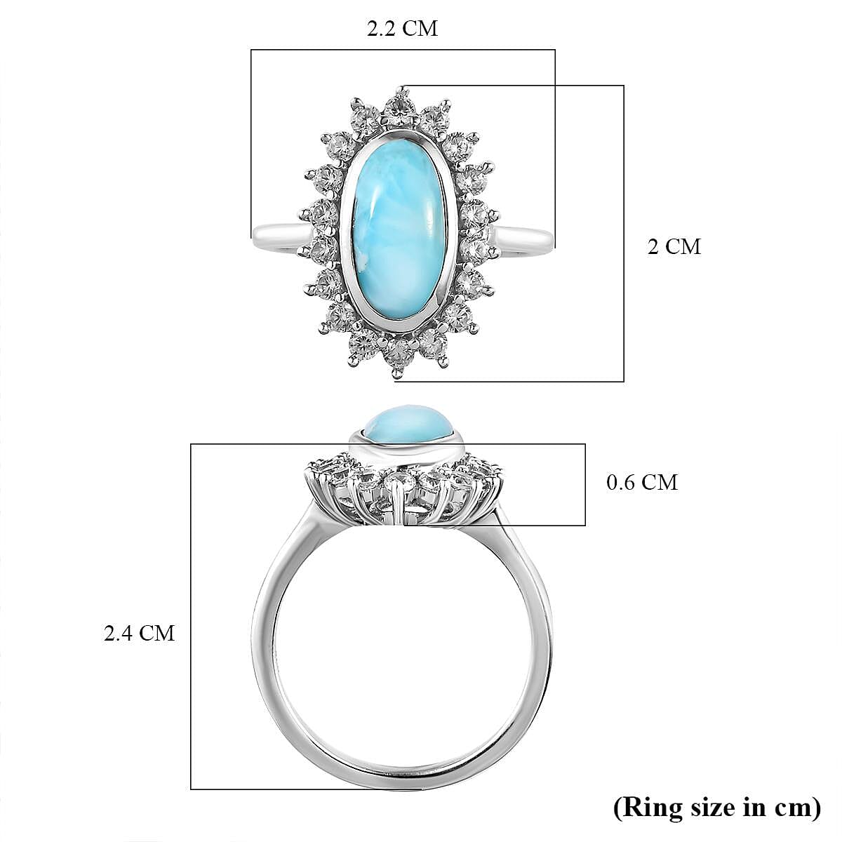 Larimar and Natural Zircon Halo Ring in Platinum Overlay Sterling Silver 3.39 Ct. 7165775 6