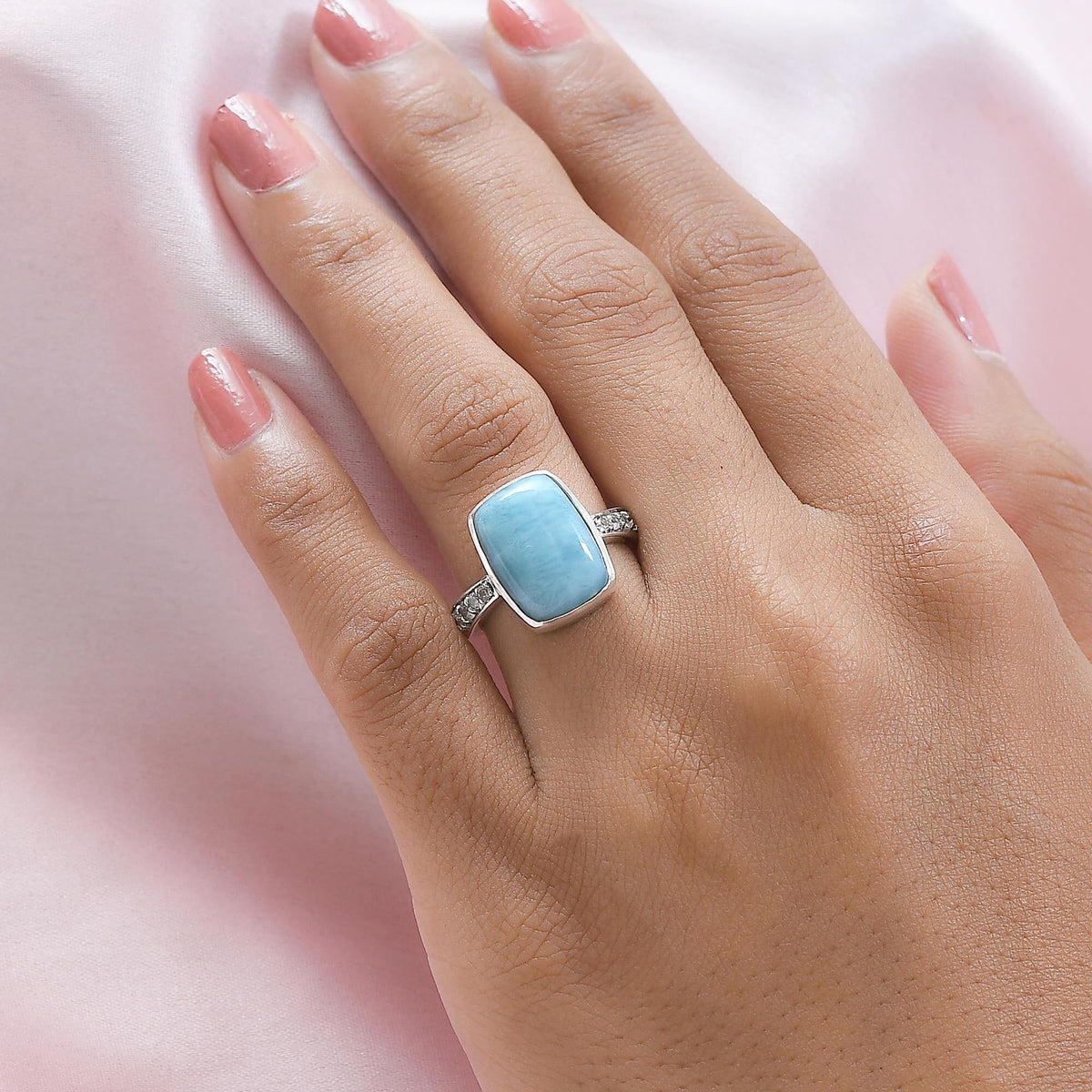 Larimar and Natural Zircon Ring in Platinum Overlay Sterling Silver 8.24 Ct. 7168033 3