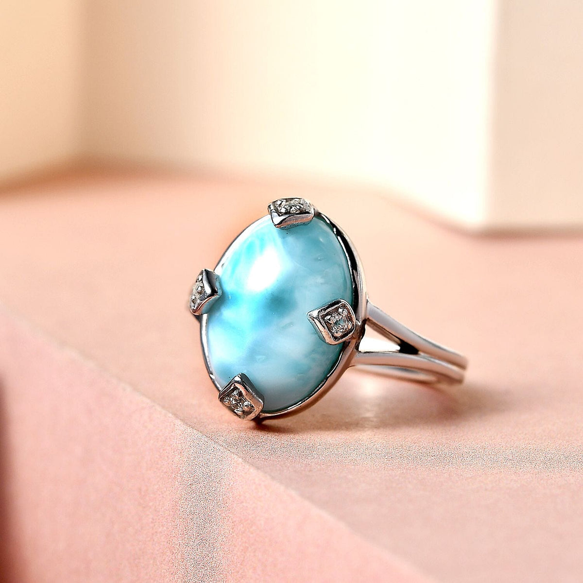 Larimar and Natural Zircon Ring in Platinum Overlay Sterling Silver 6.35 Ct. 7169910 2