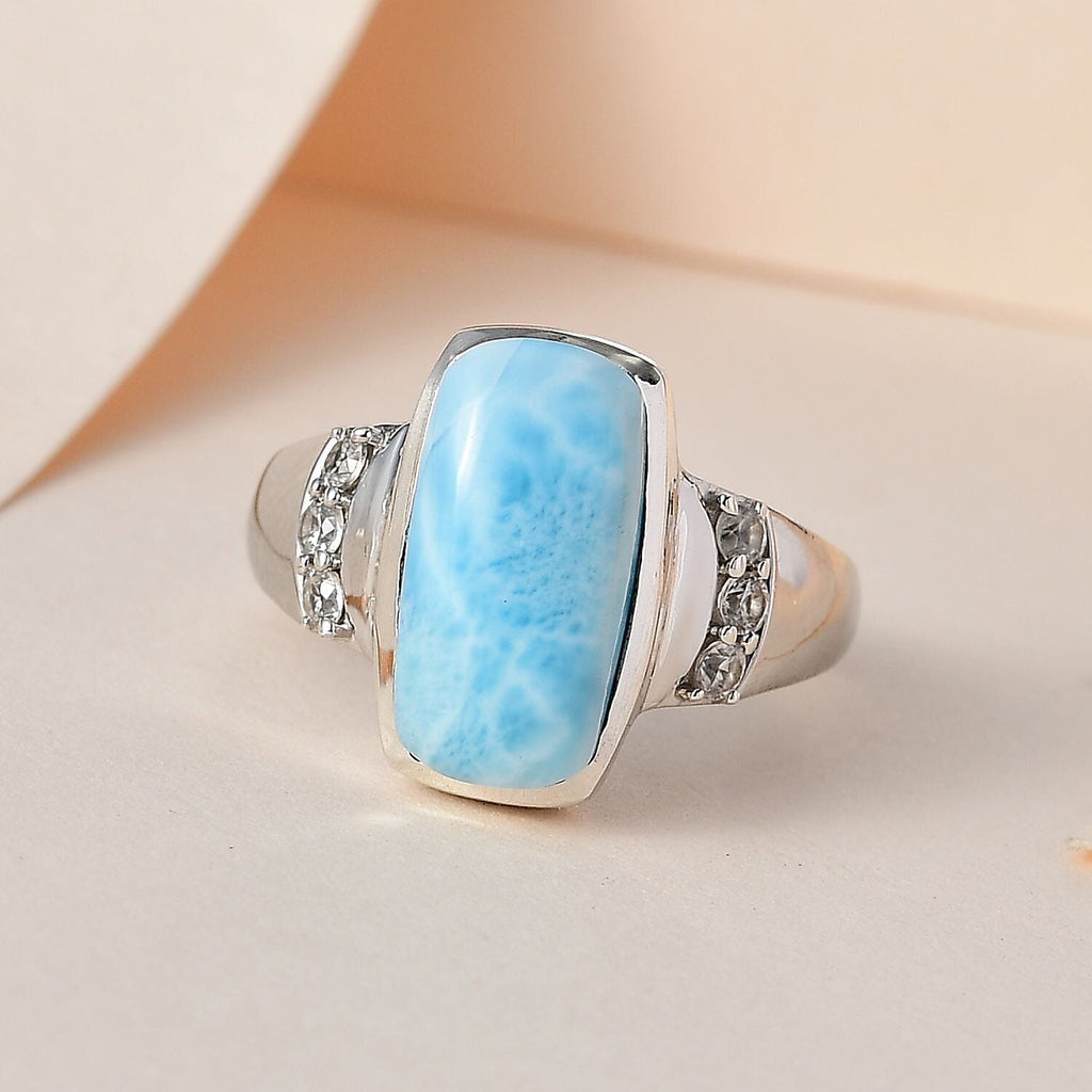Larimar and Natural Zircon Ring in Platinum Overlay Sterling Silver 4.90 Ct.
