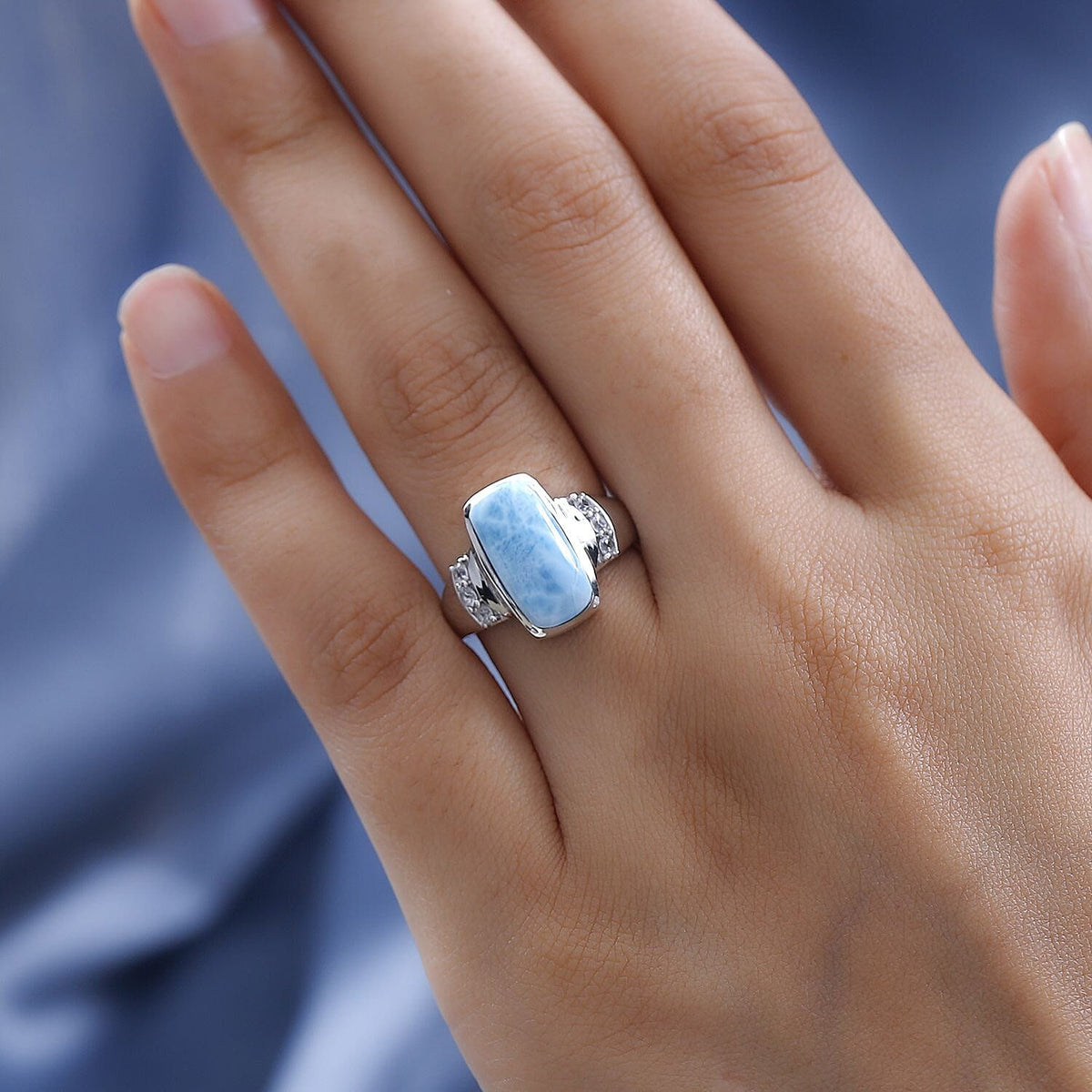 Larimar and Natural Zircon Ring in Platinum Overlay Sterling Silver 4.90 Ct. 7601848 2
