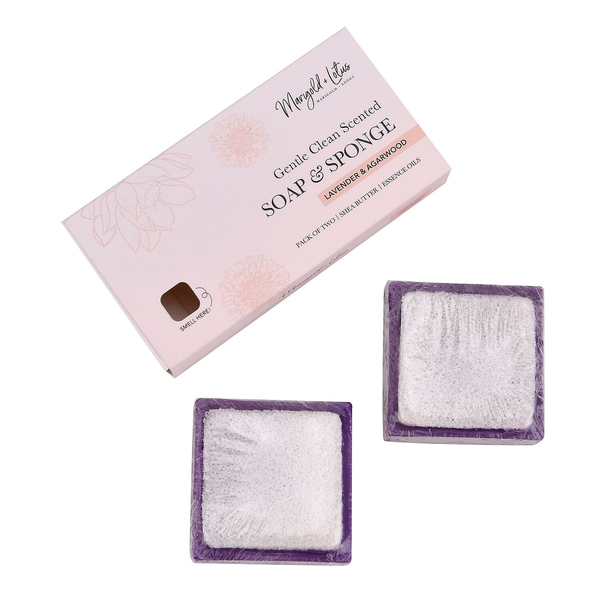 Marigold &amp; Lotus Set of 2 Gentle Clean Scented Soap &amp; Sponge - Lavender &amp; Agarwood Oud 7972188 0