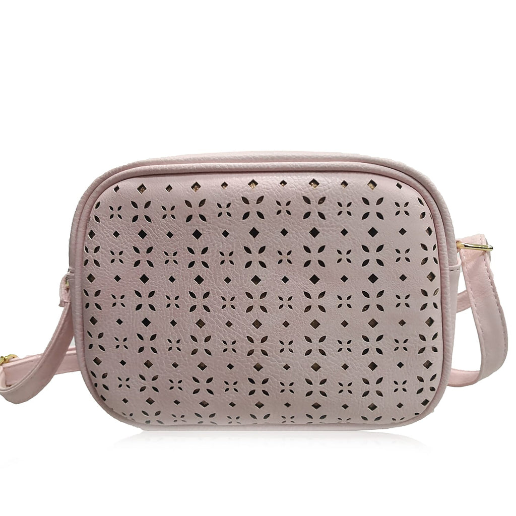 Lazer Cut Crossbody Bag with Shoulder Strap - Pink