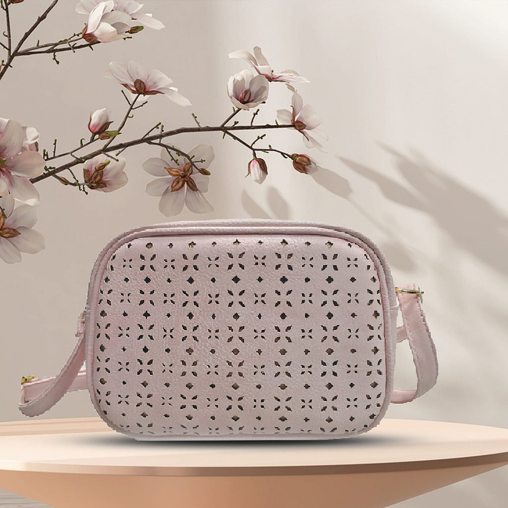 Lazer Cut Crossbody Bag with Shoulder Strap - Pink