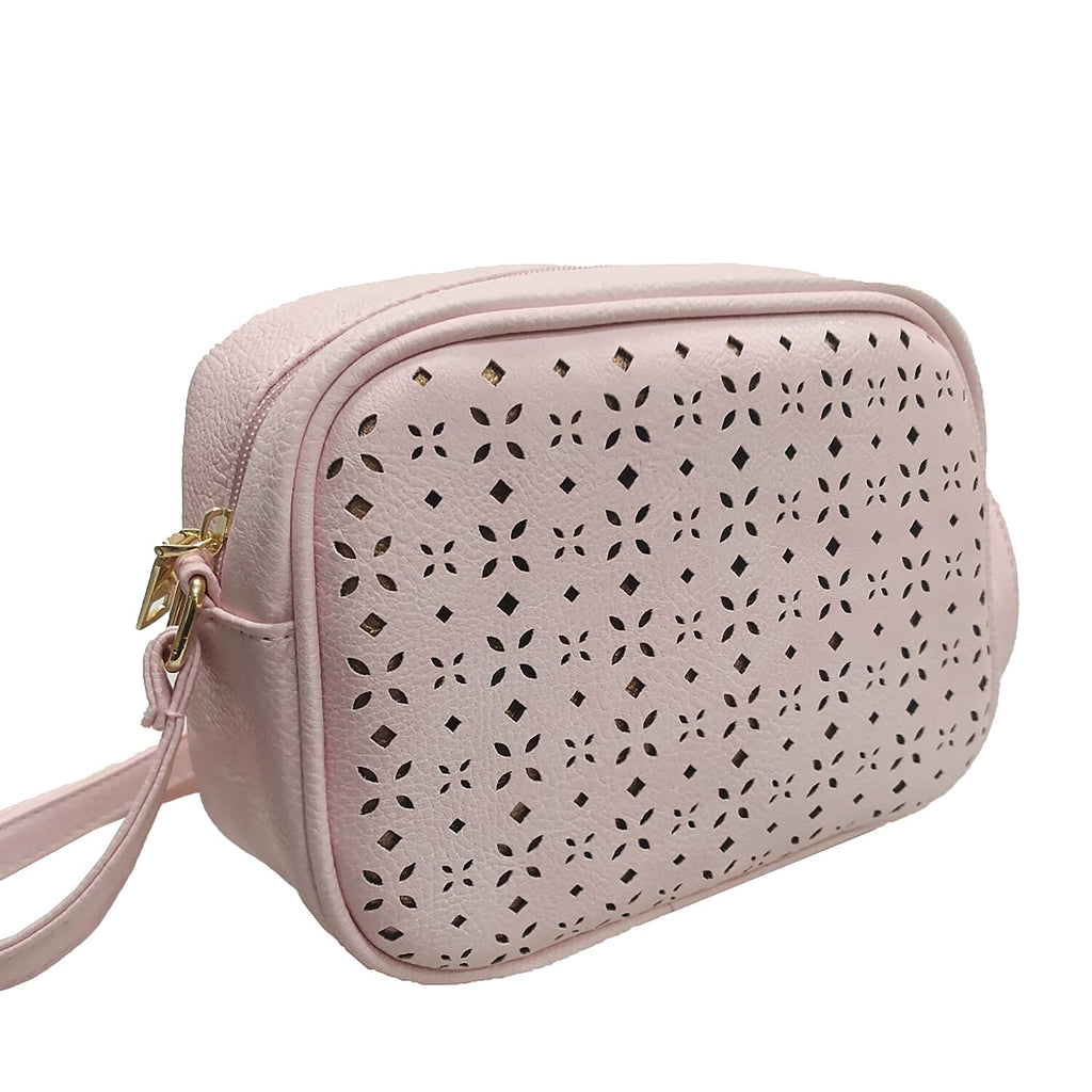 Lazer Cut Crossbody Bag with Shoulder Strap - Pink