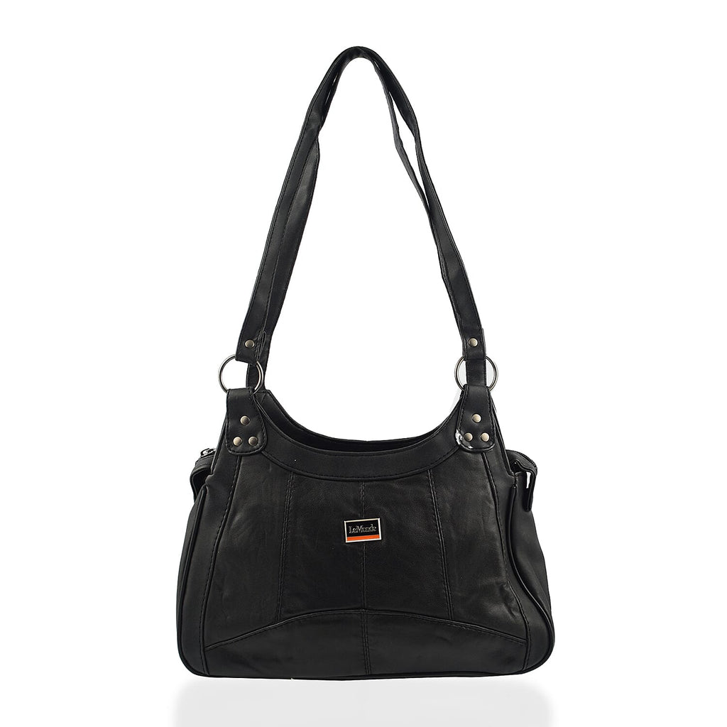 Le Monde Genuine Leather Ladies Tote Bag with Side Pocket & Handle Drop - Black
