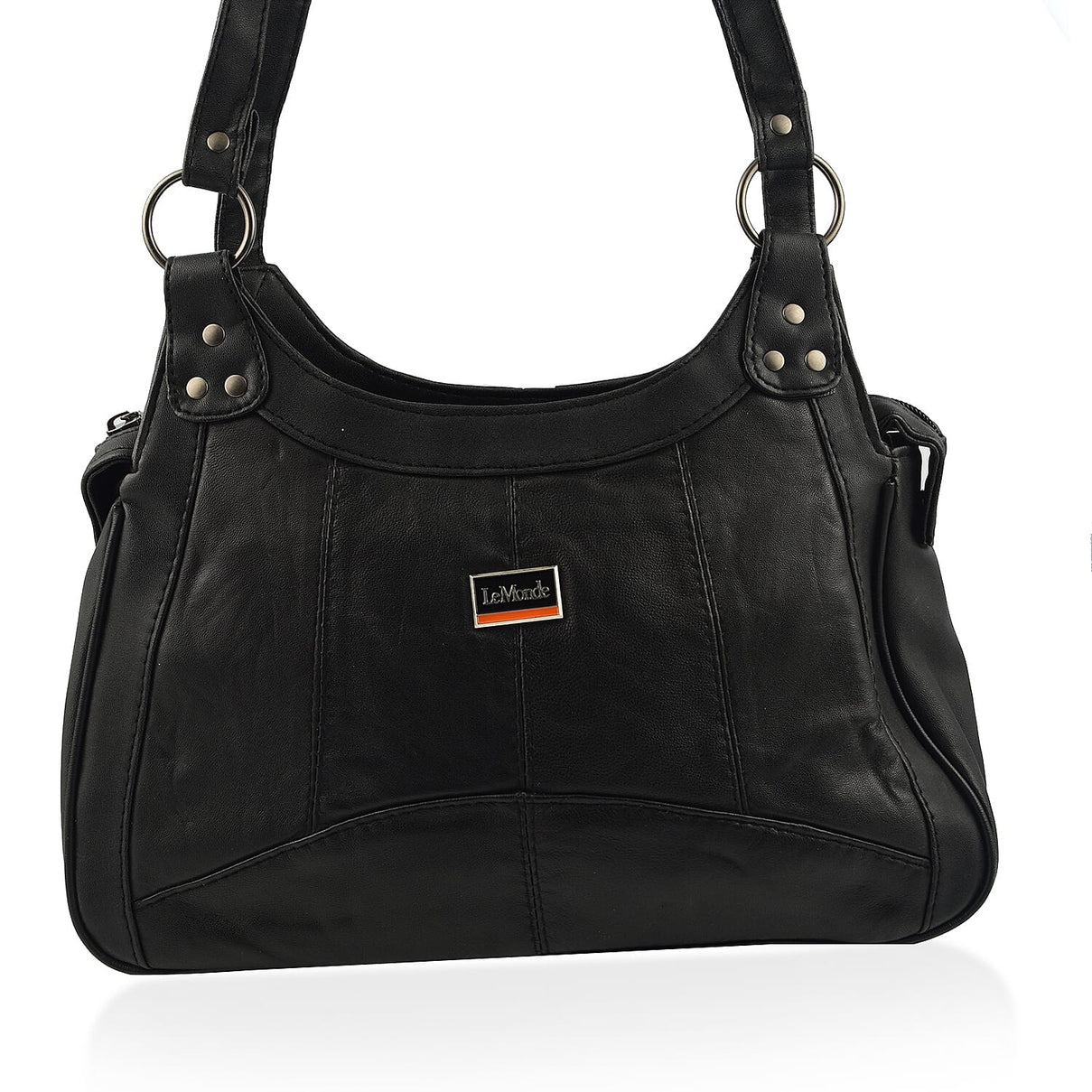 Le Monde Genuine Leather Ladies Tote Bag with Side Pocket &amp; Handle Drop - Black 7670830 2