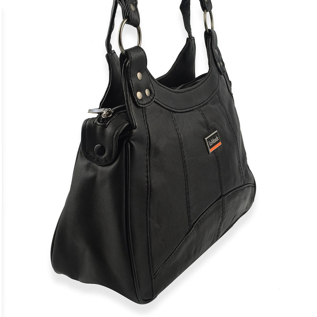 Le Monde Genuine Leather Ladies Tote Bag with Side Pocket & Handle Drop - Black