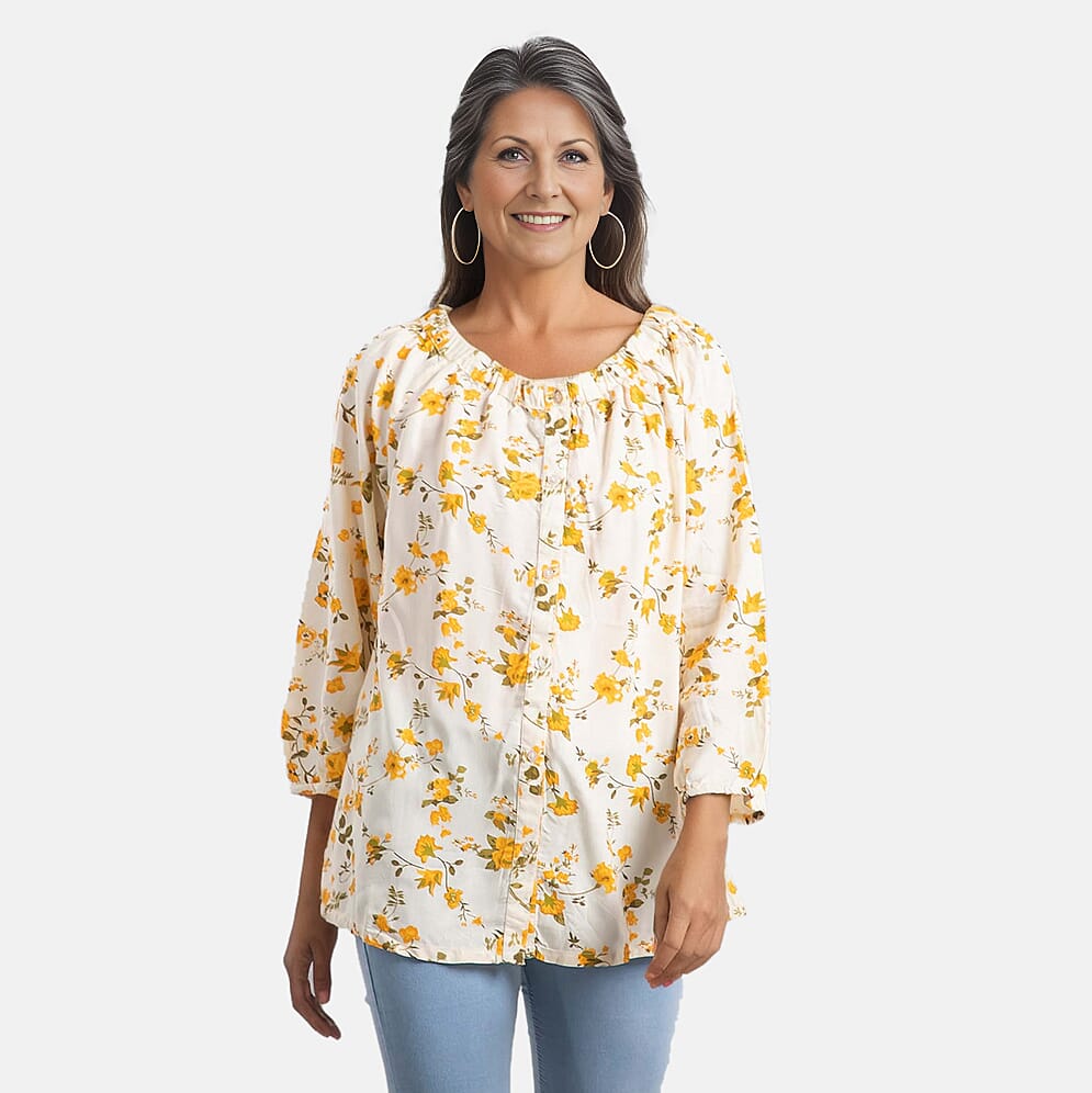 100% Viscose Floral Pattern Off Shoulder Top (Size-10) - Light Yellow