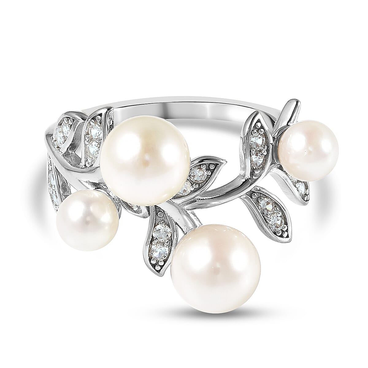 Leaf and Vine Pattern Japanese Akoya Pearl and Natural Cambodian Zircon Ring in Rhodium Plated Sterling Silver 3834558 0