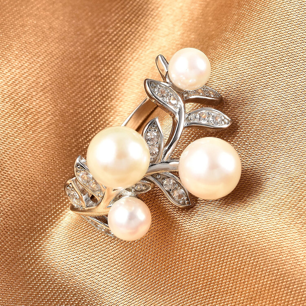 Japanese Akoya Pearl and Natural Cambodian Zircon Ring in Rhodium Overlay Sterling Silver