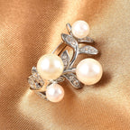Japanese Akoya Pearl and Natural Cambodian Zircon Ring in Rhodium Overlay Sterling Silver