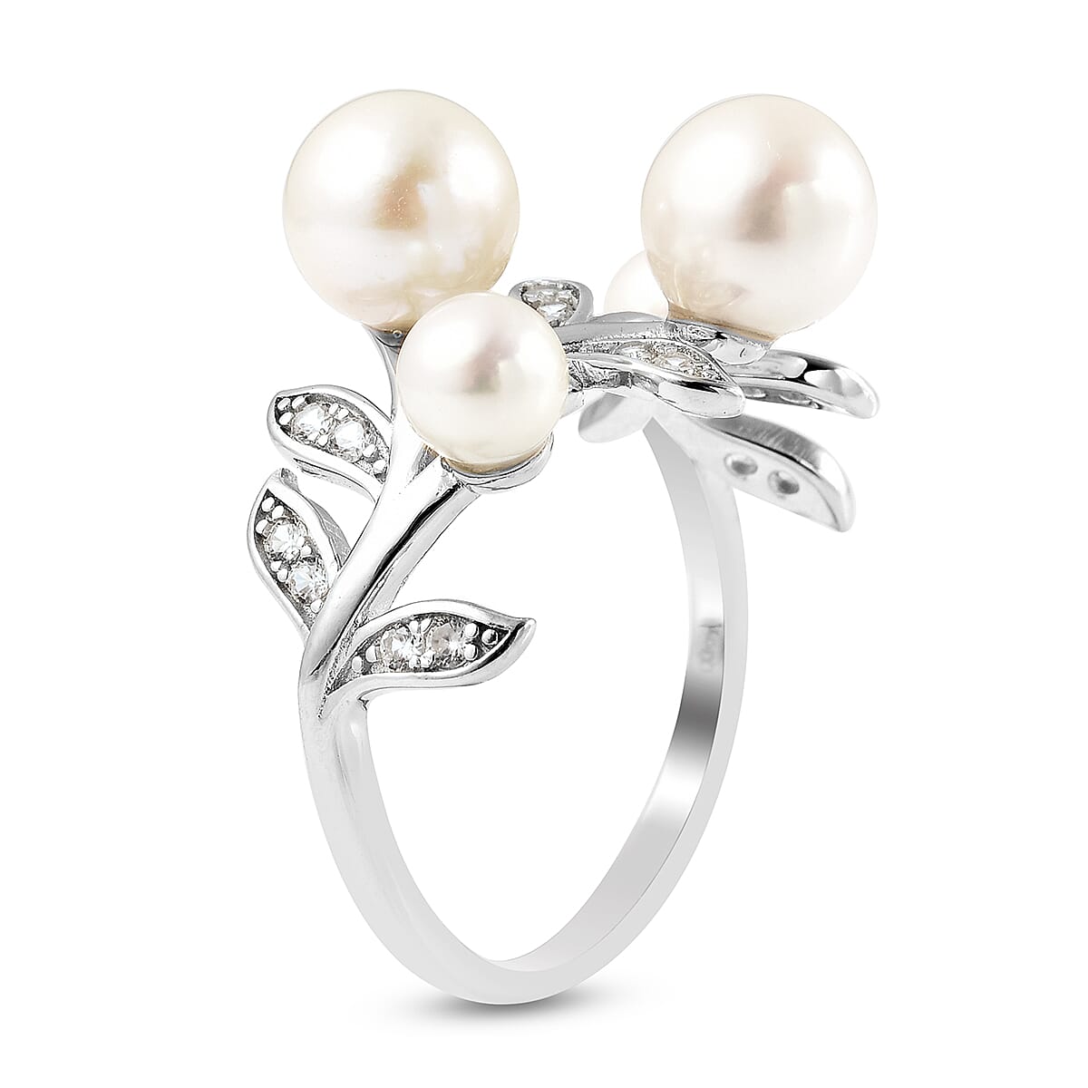 Leaf and Vine Pattern Japanese Akoya Pearl and Natural Cambodian Zircon Ring in Rhodium Plated Sterling Silver 3834558 3