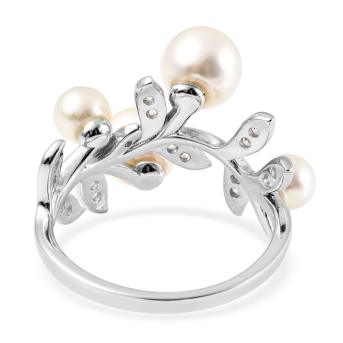 Leaf and Vine Pattern Japanese Akoya Pearl and Natural Cambodian Zircon Ring in Rhodium Plated Sterling Silver 3834558 4