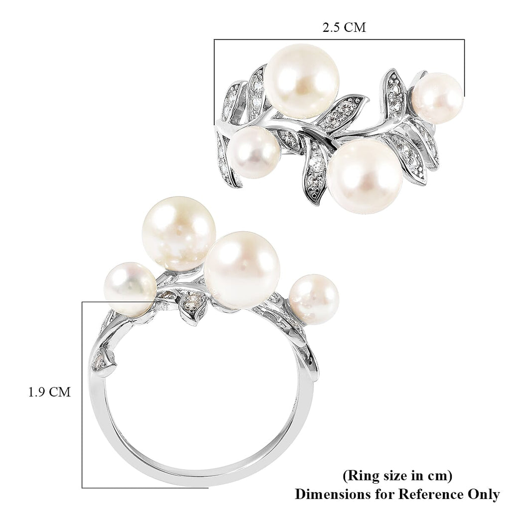 Japanese Akoya Pearl and Natural Cambodian Zircon Ring in Rhodium Overlay Sterling Silver