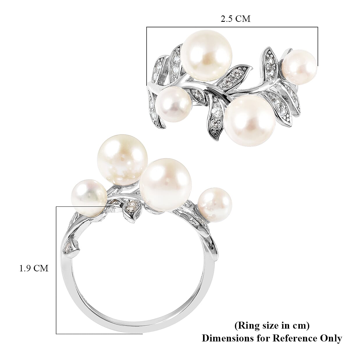 Leaf and Vine Pattern Japanese Akoya Pearl and Natural Cambodian Zircon Ring in Rhodium Plated Sterling Silver 3834558 5