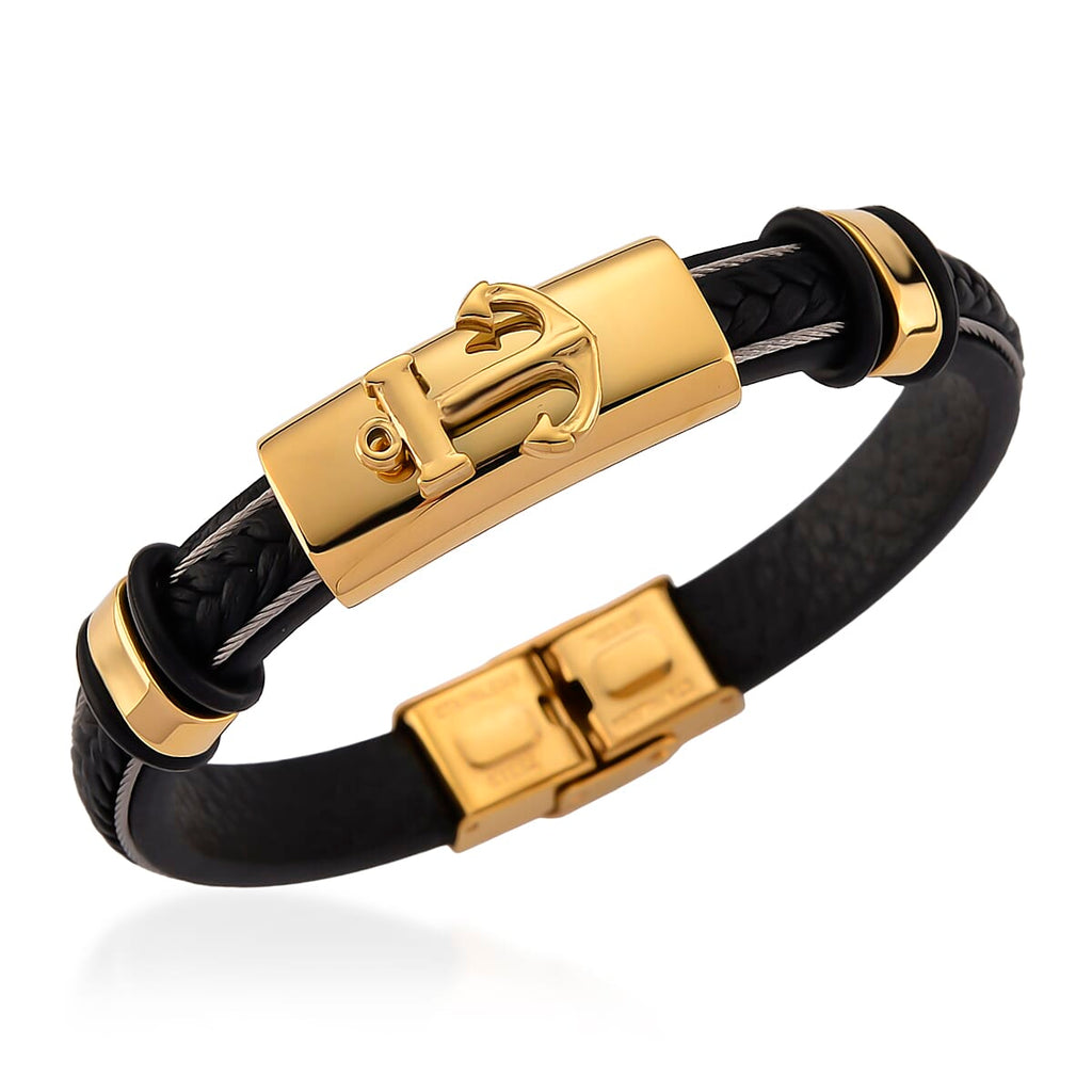 Leather Bracelet (Size - 8) in Yellow Gold Plated
