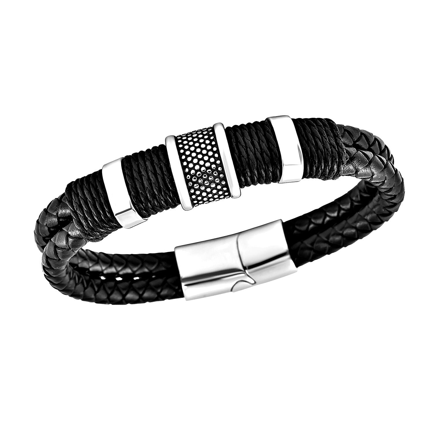 Leather Bracelet (Size - 8.5) in Stainless Steel With Black Oxidised 6339599 0