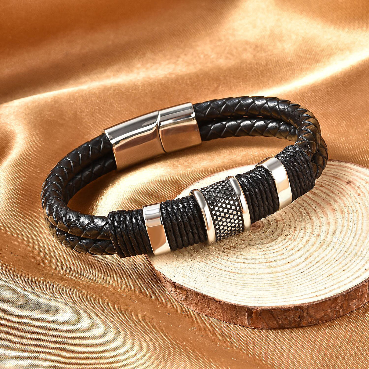 Leather Bracelet (Size - 8.5) in Stainless Steel With Black Oxidised 6339599 2