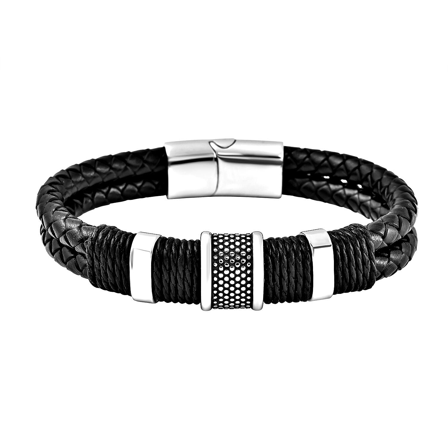 Leather Bracelet (Size - 8.5) in Stainless Steel With Black Oxidised 6339599 3