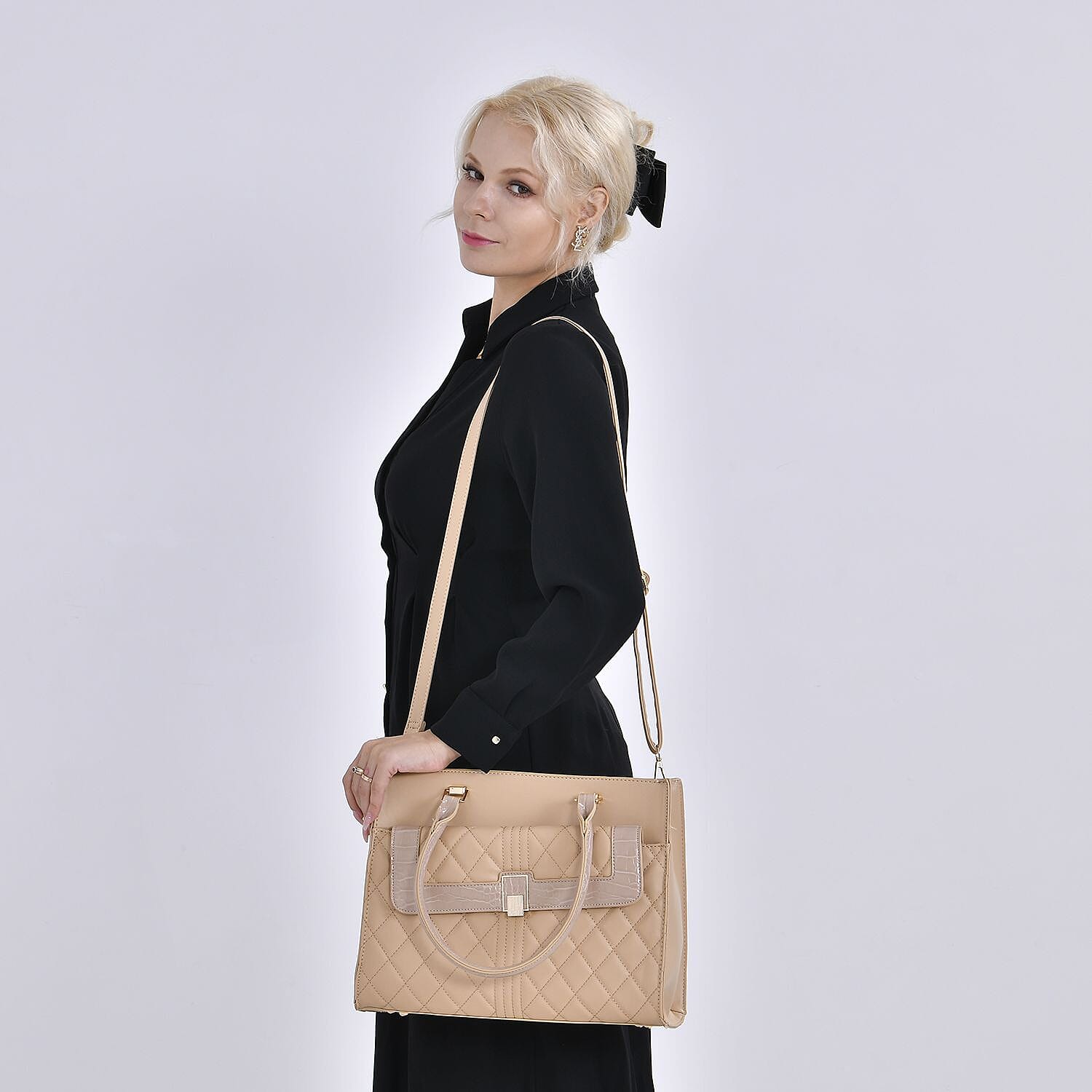 CloseOut- Checker Pattern Crossbody Bag With Font Pocket &amp; Handle Drop - Beige 7567695 2