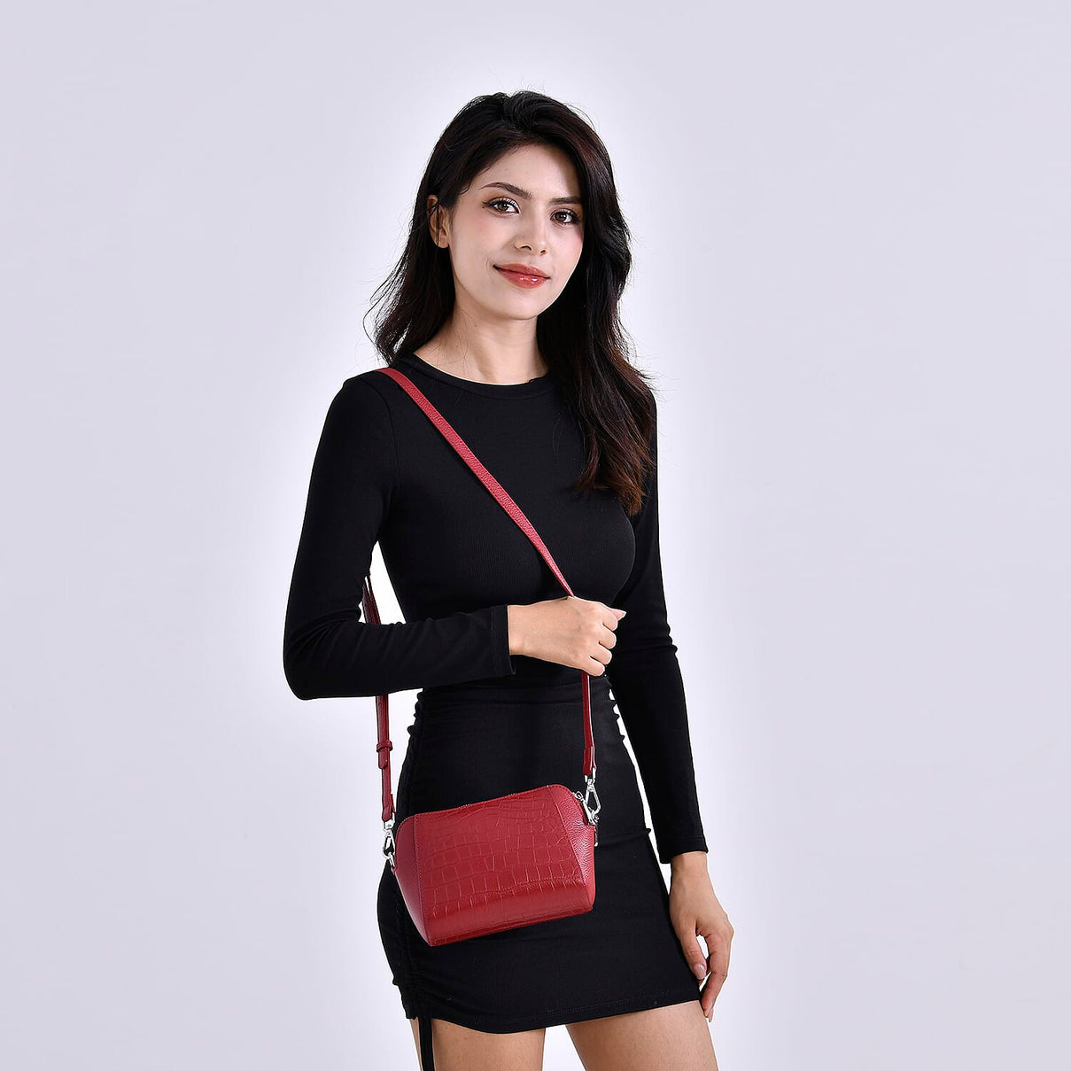 100% Genuine Leather Croco Embossed Crossbody Bag (Size 18x8x14 cm) - Burgundy 7781007 1