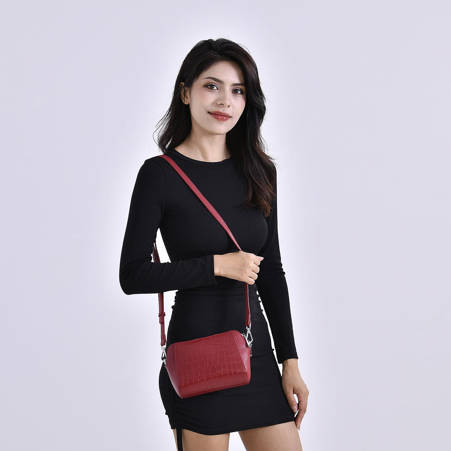 100% Genuine Leather Croco Embossed Crossbody Bag (Size 18x8x14 cm) - Burgundy 7781007 1
