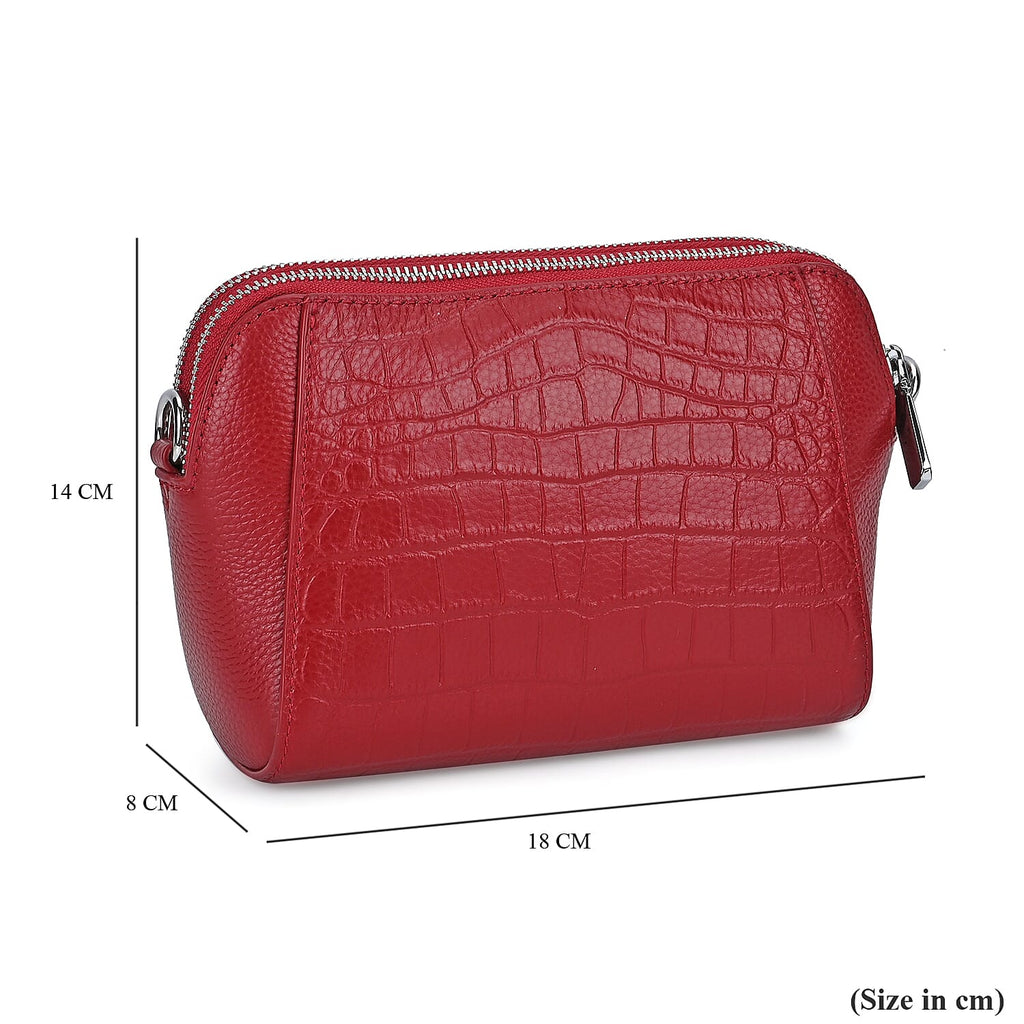 100% Genuine Leather Croco Embossed Crossbody Bag (Size 18x8x14 cm) - Burgundy