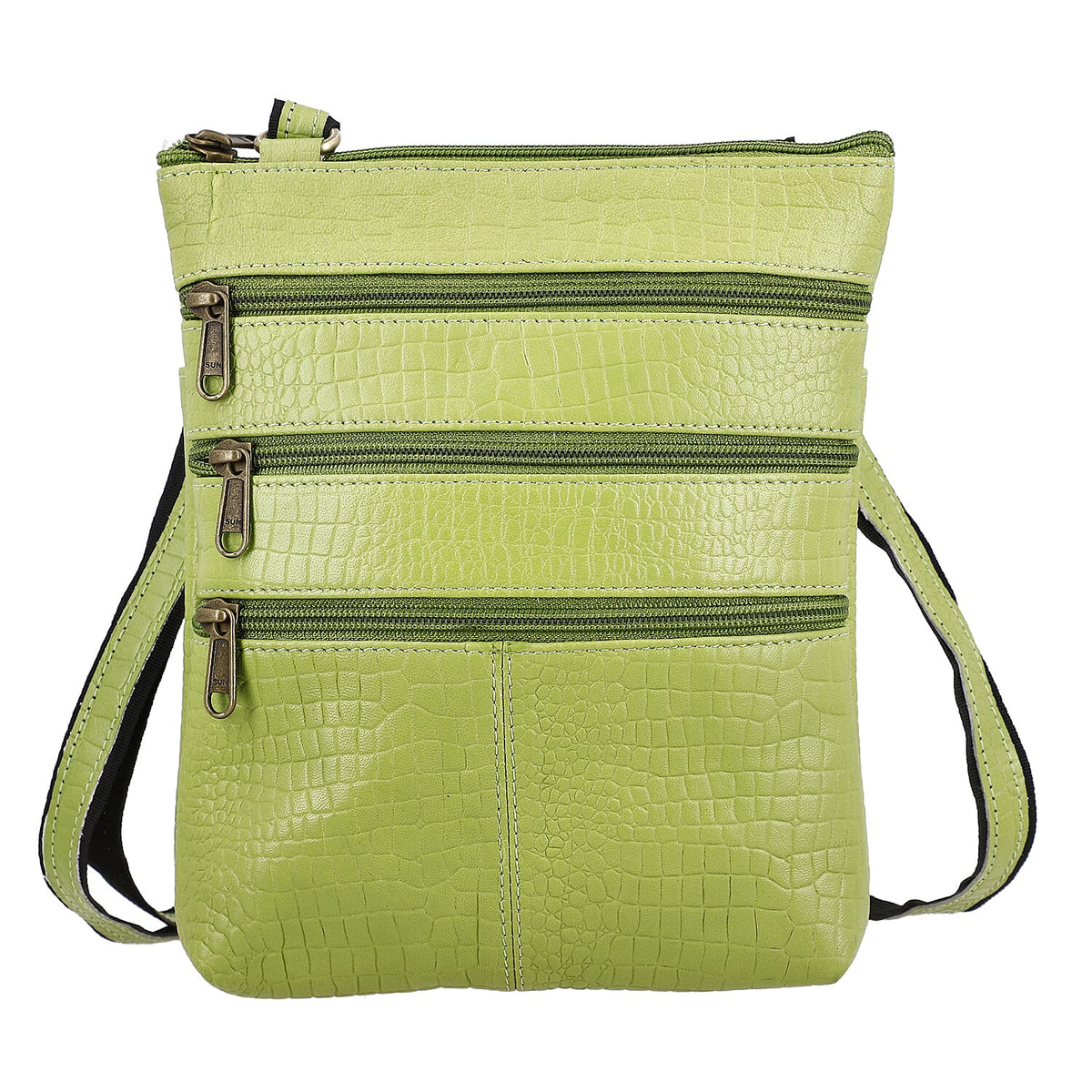 100% Genuine Leather Croco Embossed Crossbody Bag With Shoulder Strap - Green V32637488 0