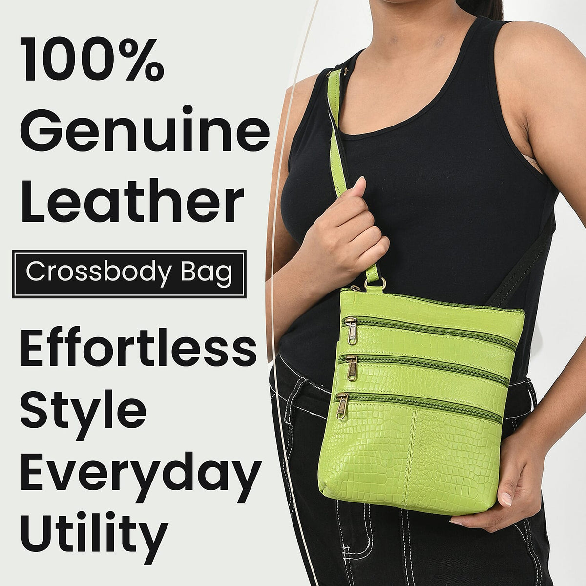 100% Genuine Leather Croco Embossed Crossbody Bag With Shoulder Strap - Green V32637488 2