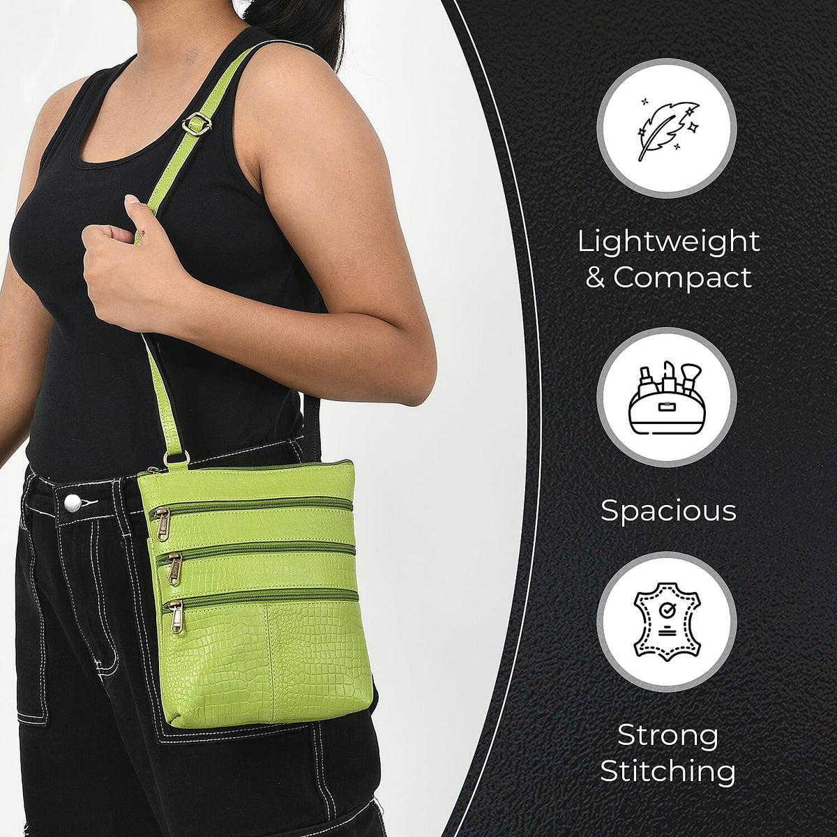 100% Genuine Leather Croco Embossed Crossbody Bag With Shoulder Strap - Green V32637488 3