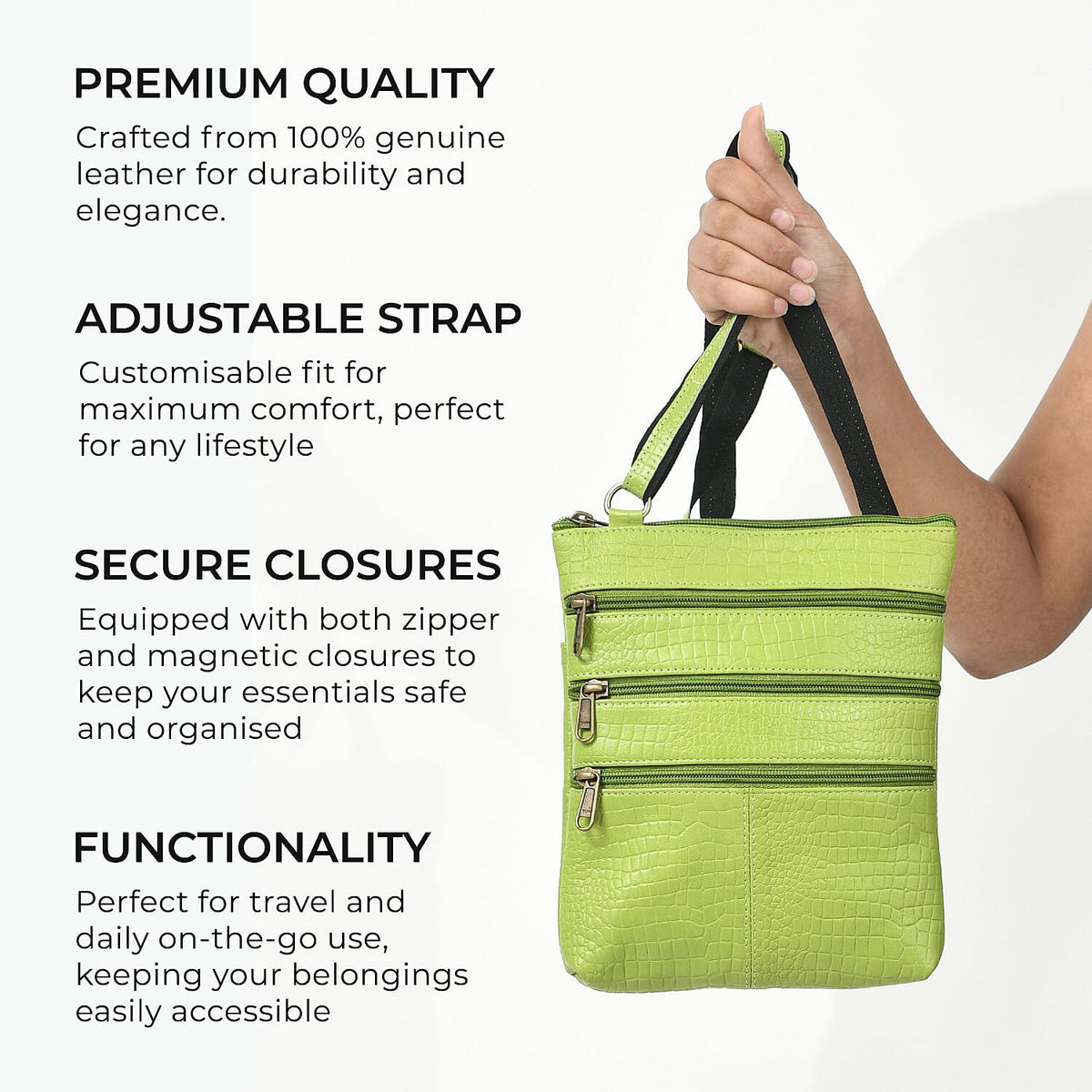 100% Genuine Leather Croco Embossed Crossbody Bag With Shoulder Strap - Green V32637488 5