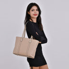 Leather Croco Embossed Tote Bag (Size 38x12x27 cm) - Apricot & Black