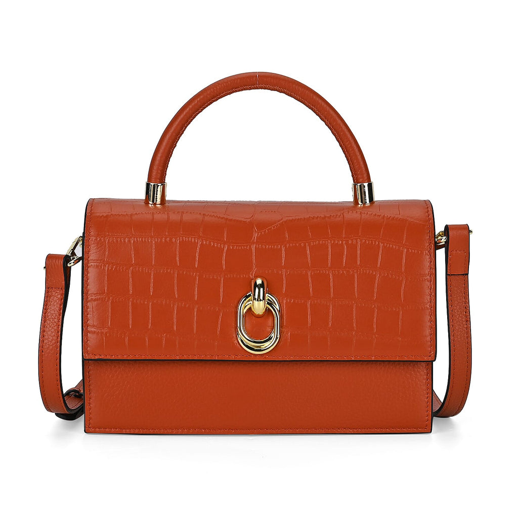 Designer Closeout - Genuine Leather Croc Embossed Crossbody Bag - Tan