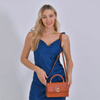 Designer Closeout - Genuine Leather Croc Embossed Crossbody Bag - Tan