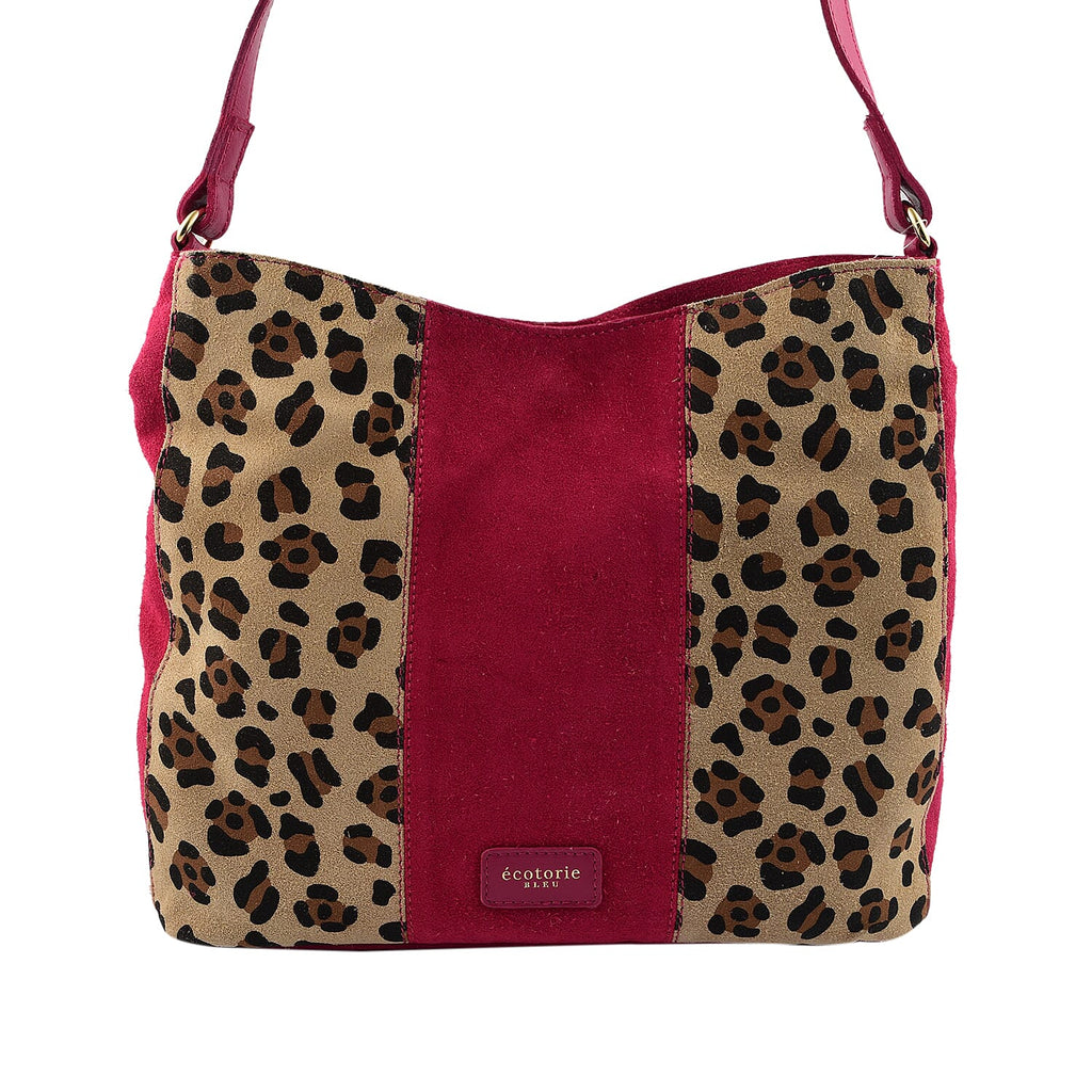 Ecotorie Genuine Leather Leopard Printed Crossbody Bag With Shoulder Strap - Fuschia