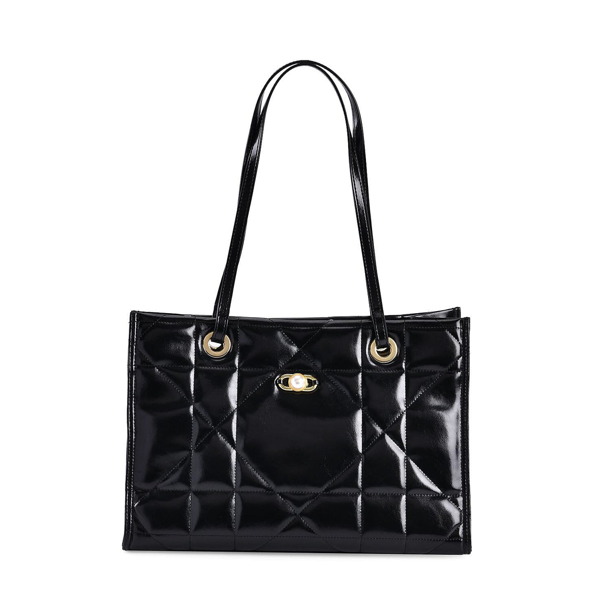 Genuine Leather Geometric Pattern Quilted Tote Bag - Black 7618789 0