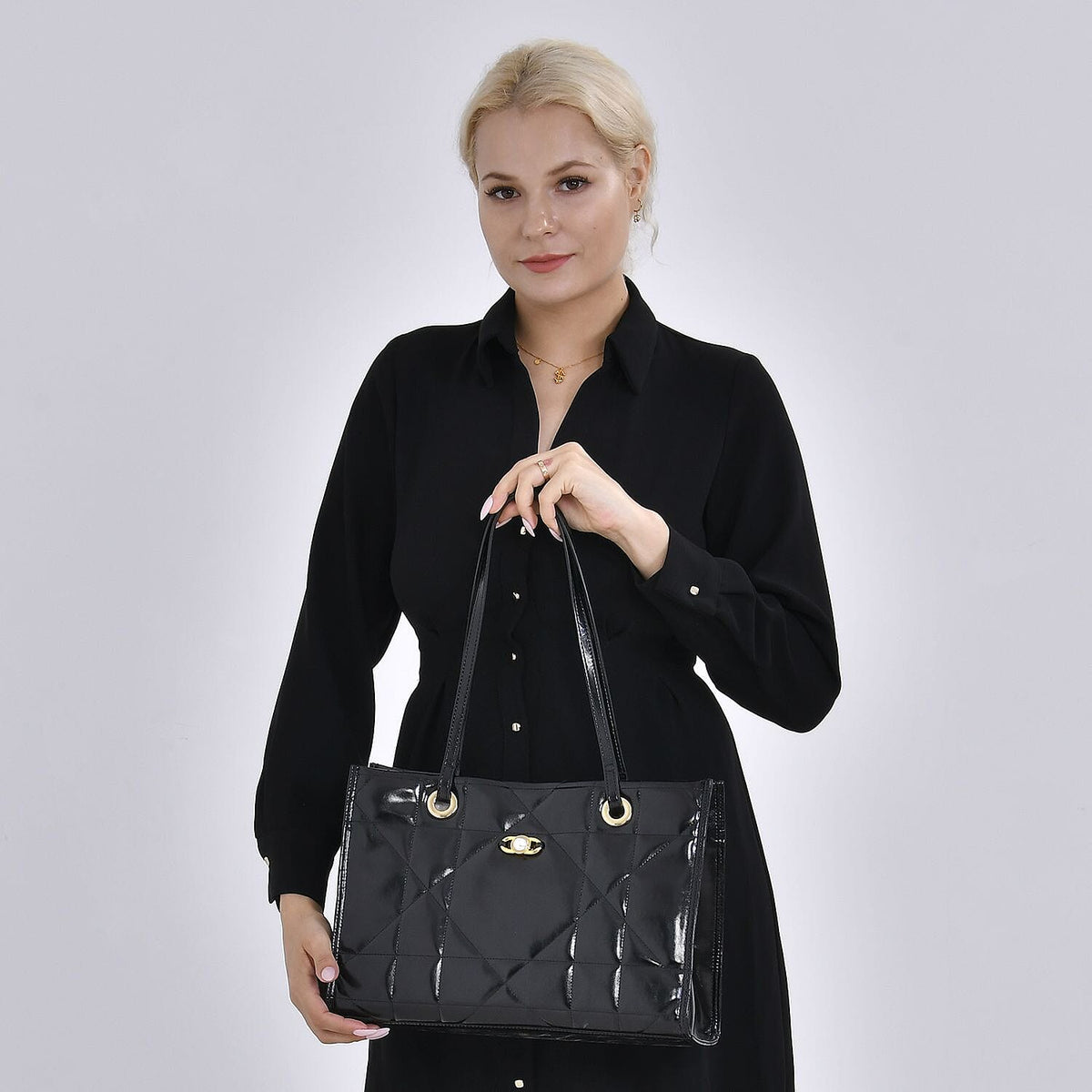 Genuine Leather Geometric Pattern Quilted Tote Bag - Black 7618789 1