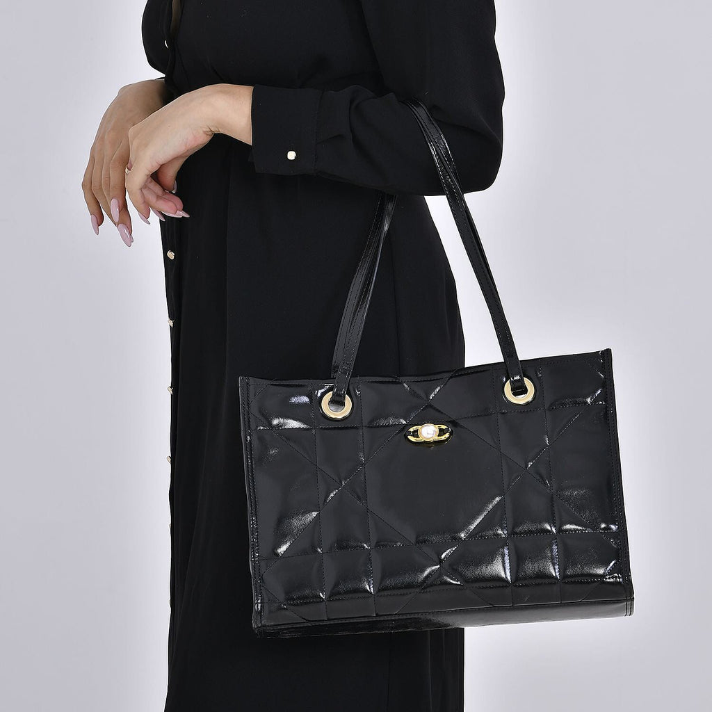 MEGA CLOSEOUT DEAL- Designer Genuine Leather Geometric Pattern Quilted Tote Bag - Black