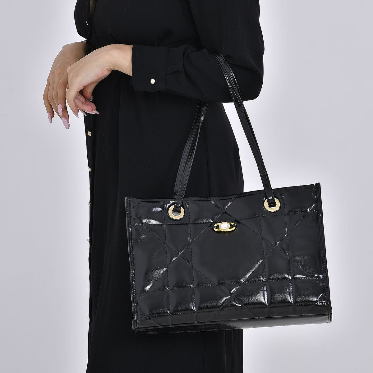 Genuine Leather Geometric Pattern Quilted Tote Bag - Black 7618789 2