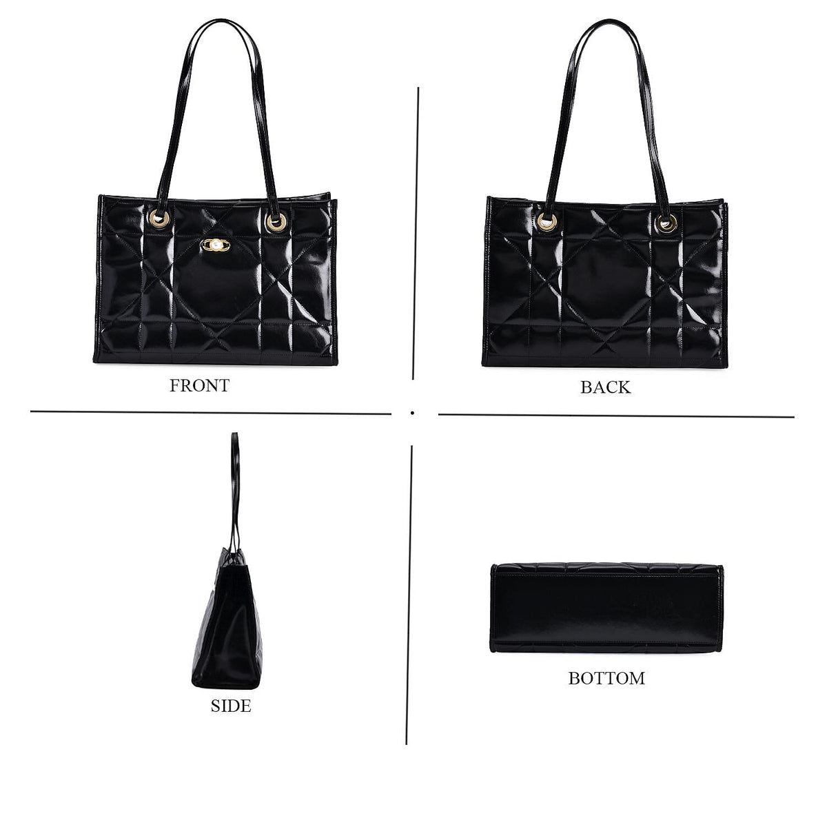 Genuine Leather Geometric Pattern Quilted Tote Bag - Black 7618789 3