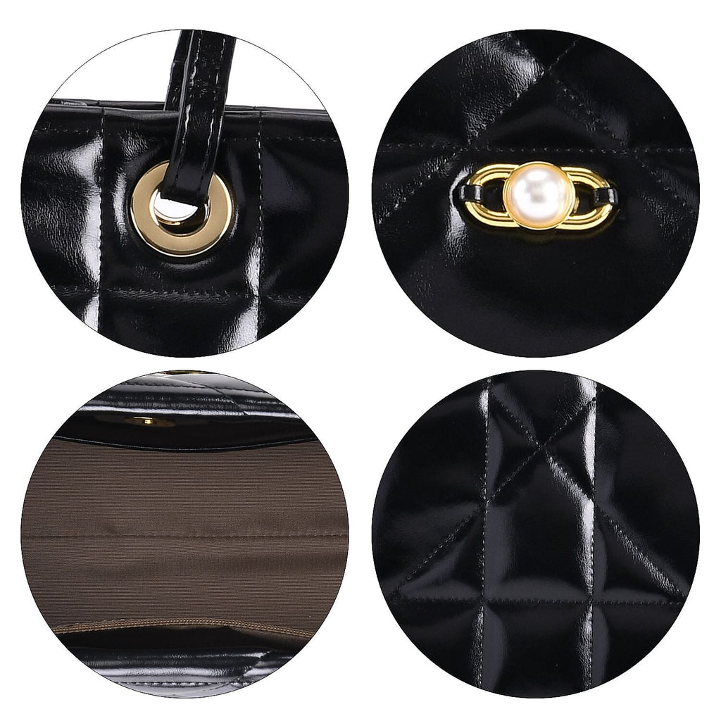 MEGA CLOSEOUT DEAL- Designer Genuine Leather Geometric Pattern Quilted Tote Bag - Black