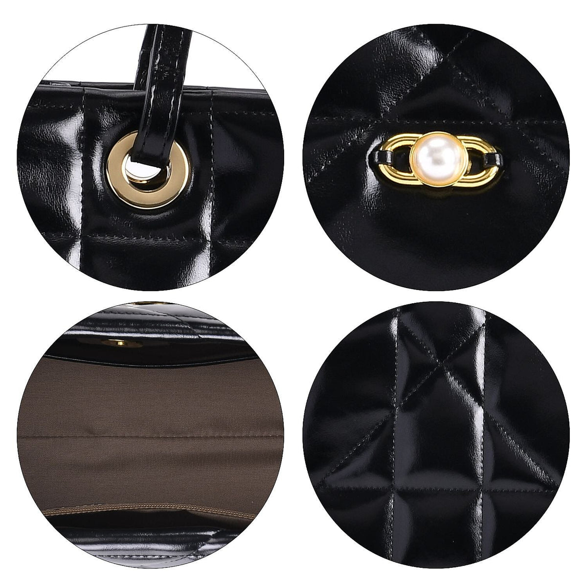 Genuine Leather Geometric Pattern Quilted Tote Bag - Black 7618789 5