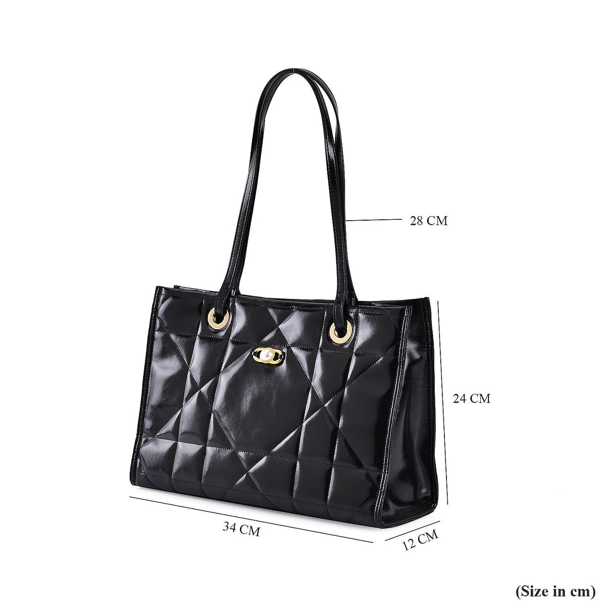 Genuine Leather Geometric Pattern Quilted Tote Bag - Black 7618789 6