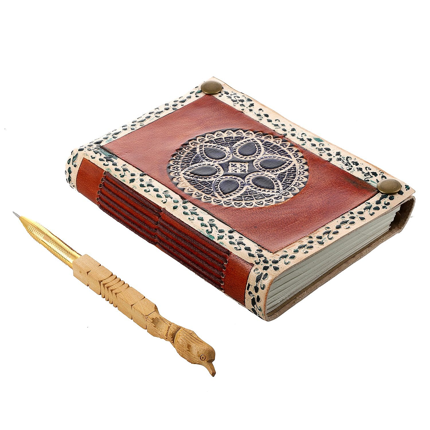 Mandala Pattern Leather Journal Notebook 96 Off White HMP with Box (Size 15x10 Cm) - Brown and Sky Blue 7168093 0