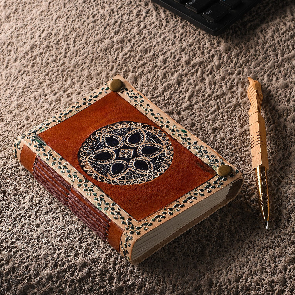 Mandala Pattern Leather Journal Notebook 96 Off White HMP with Box (Size 15x10 Cm) - Brown and Sky Blue 7168093 1