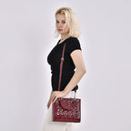 100 % Genuine Leather Quilted Lattice Pattern Crossbody Bag - Burgund