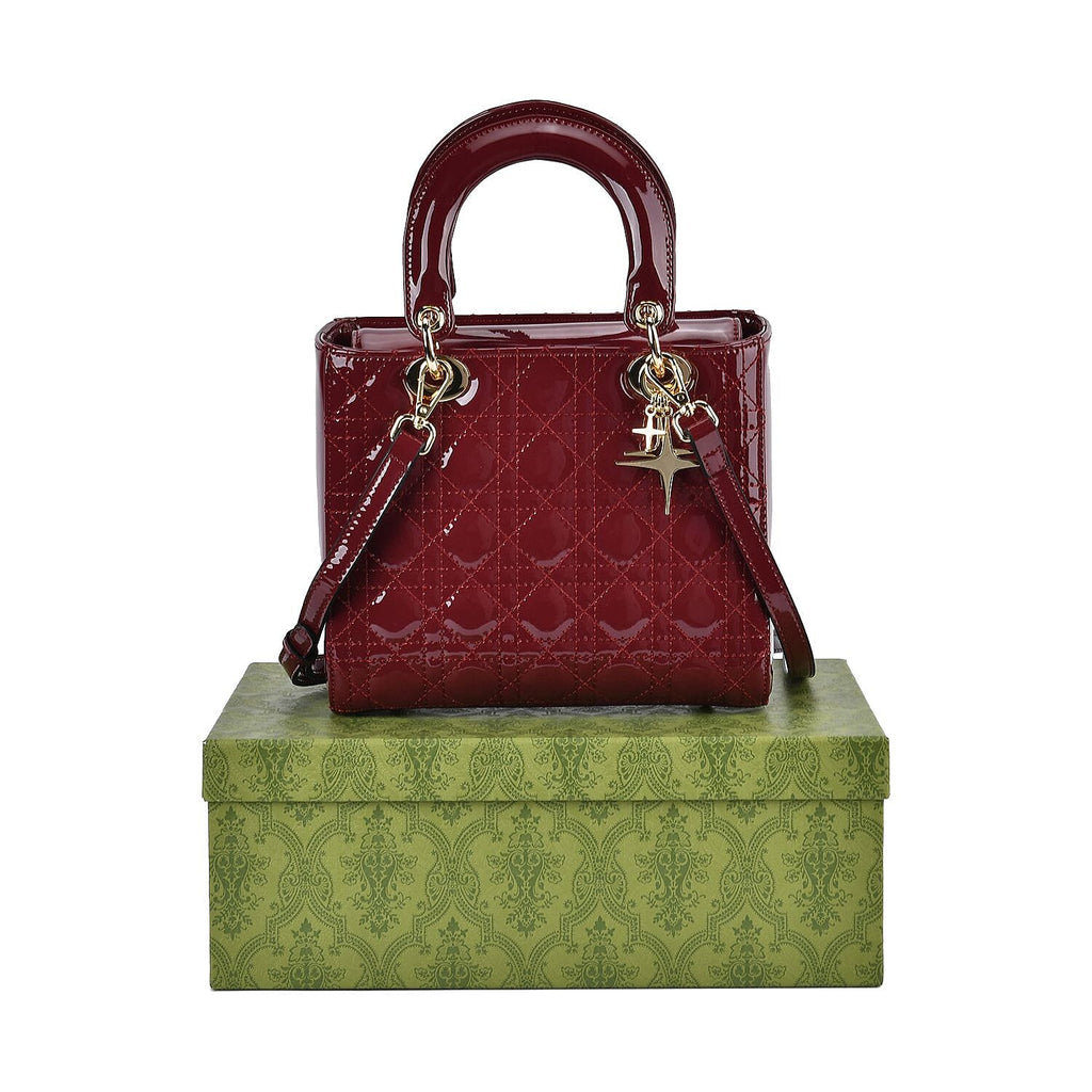 100 % Genuine Leather Quilted Lattice Pattern Crossbody Bag - Burgund