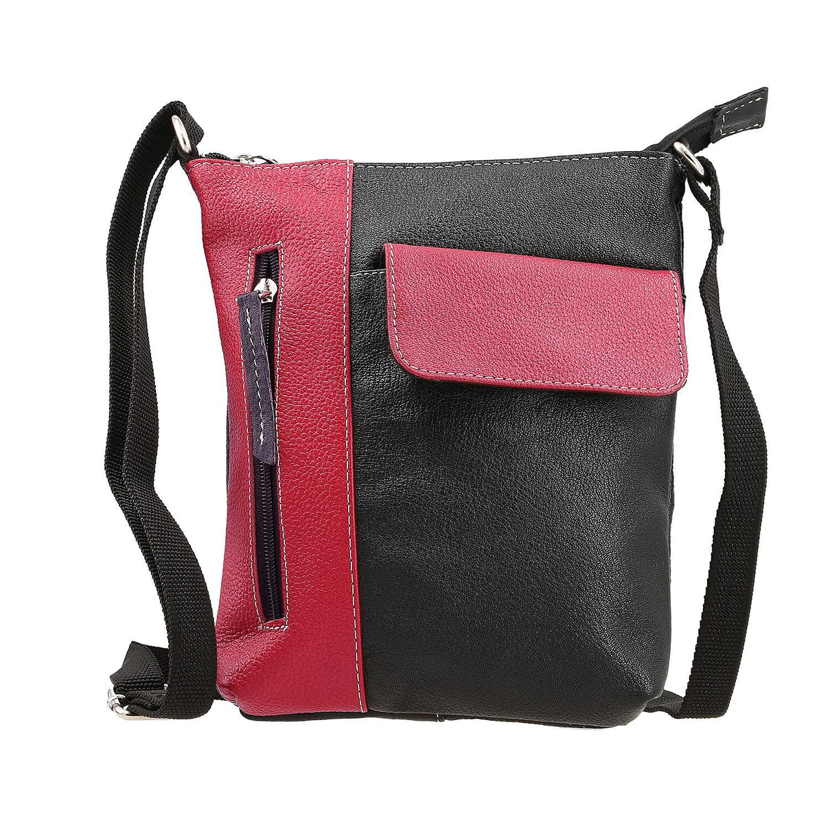 100% Genuine Leather Crossbody Bag With Adjustable Strap - Magenta - Black 7592223 0