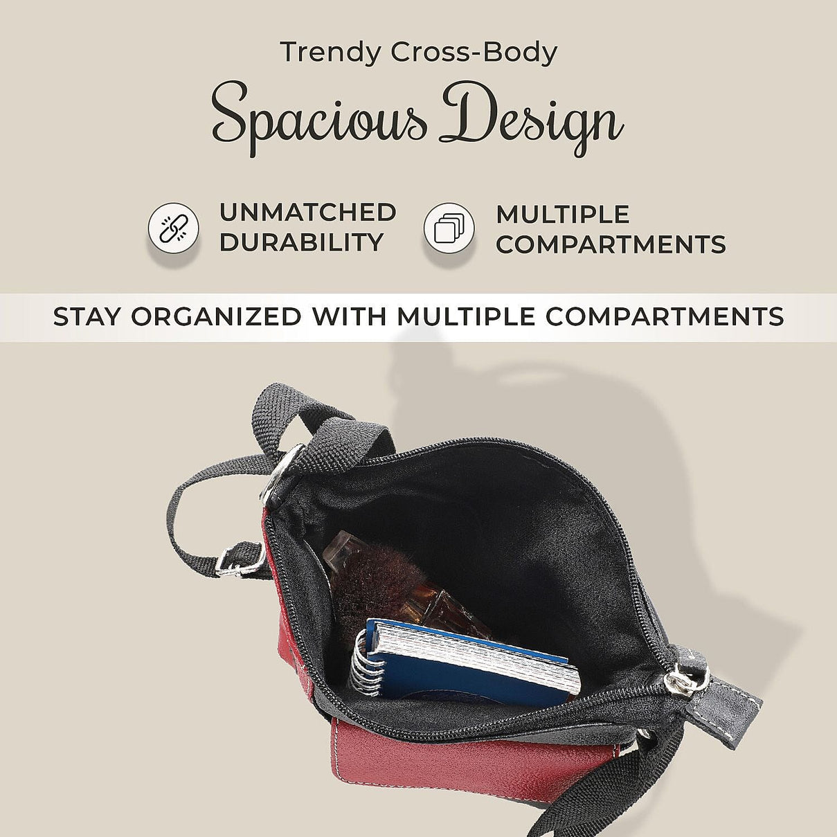 100% Genuine Leather Crossbody Bag With Adjustable Strap - Magenta - Black 7592223 3